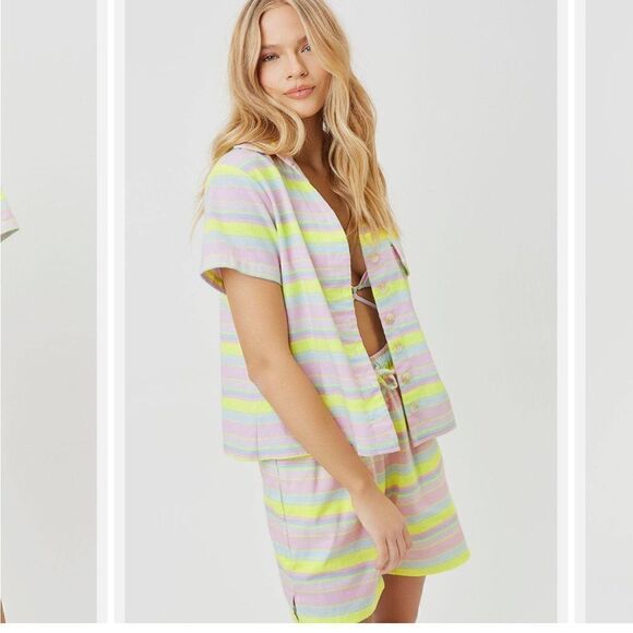 Frankie’s Bikinis Lou Linen Neon Striped Shorts NWT - Picture 2 of 9